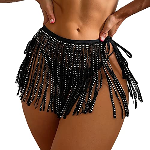 Modisch Bikini Shiny Wraps Damen Hüfttuch Rock mit Fransen Pailletten Karneval Tanzaufführung Kostüm Quaste Minirock Short Fransen Pailletten Cover Up Rock Beach Wrap (Black-A, M) von Kielsjajd