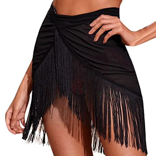 Modisch Bikini Shiny Wraps Damen Hüfttuch Rock mit Fransen Pailletten Karneval Tanzaufführung Kostüm Quaste Minirock Short Fransen Pailletten Cover Up Rock Beach Wrap (Black-B, M) von Kielsjajd