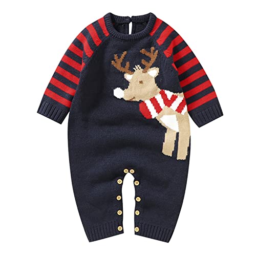 Neugeborenes Baby Mädchen Jungen Weihnachten Outfit Langarm Strick Strampler Overall Rentier Print Body Einteiler Pyjamas Weihnachtskleidung Unisex Baby Strampler Weihnachten (Blue, 9-12 Months) von Kielsjajd