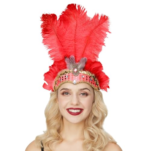 Novelty Karneval-Kopfschmuck mit Federn, Feder Kopfschmuck Federschmuck Gold-schwarz, Brasilianischer Feder Kopfschmuck Karneval Federkopfschmuck Tänzerin Federkopfschmuck Karneval (Red, One Size) von Kielsjajd