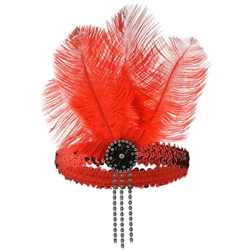 Pailletten Stirnband mit Federn, Federn Stirnband Strass Flapper Kopfschmuck 20er Jahre Stil Flapper Haarband Strass-Haarschmuck Damen Kostüm Accessoires für Karneval, Party, Tanz, (Red, One Size) von Kielsjajd