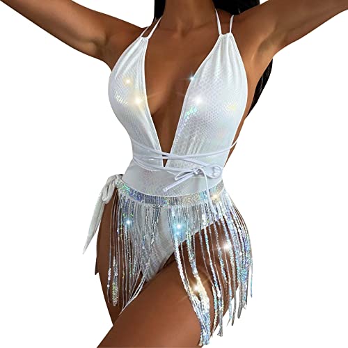 Rave Outfits für Frauen, 3-teiliger Badeanzug Quasten Rock Metallic BH Oberteil Set für Festival Tanz Clubwear Party, 2023 Neuer Badeanzug Sexy Bikini Zweiteiliger Badeanzug Bademode (White-B, M) von Kielsjajd