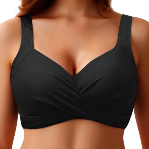 Schwarzes Bikini Oberteil Damen Große Brüste Bikini Top Schnell Trocknend Padded Swimsuit Push Up Swim Bustier Sport BH Verstellbar Spaghetti Träger Bikinioberteil Workout Bra Top (1-Black, XL) von Kielsjajd