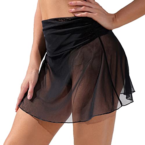 Sportrock Damen Kurz Sexy Schwarz Strandrock Durchsichtig Bikinirock Strand Schwimmrock Transparente Chiffon Rock Kurz Strandrock Transparent Wrap Skirt Bikini Cover Up (A01 Black, M) von Kielsjajd