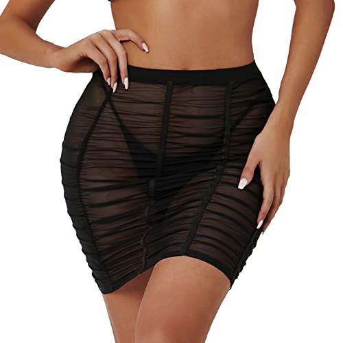 Sportrock Damen Kurz Sexy Schwarz Strandrock Durchsichtig Bikinirock Strand Schwimmrock Transparente Chiffon Rock Kurz Strandrock Transparent Wrap Skirt Bikini Cover Up (A02 Schwarz, L) von Kielsjajd