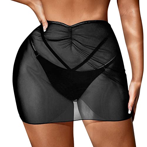 Sportrock Damen Kurz Sexy Schwarz Strandrock Durchsichtig Bikinirock Strand Schwimmrock Transparente Chiffon Rock Kurz Strandrock Transparent Wrap Skirt Bikini Cover Up (F-001, M) von Kielsjajd