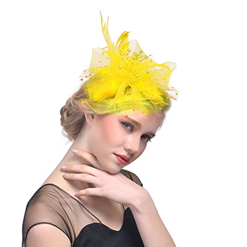 Stirnband Winter Damen Blau Hut für Frauen Tea Party Stirnband Hochzeit Cocktail Mesh Federn Haarspange Tennistaschen Männer (Yellow, One Size) von Kielsjajd