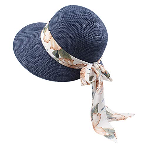 Strohhut mit Schleife Damenhut Sommerhut Sonnenhut Strandhut Damen Frühling-Sommer Sommerhut Sonnenhut Damen Eleganter Strohhut Sommerhut Faltbarer Anti elegant Strandhut mit breiter (Navy, One Size) von Kielsjajd