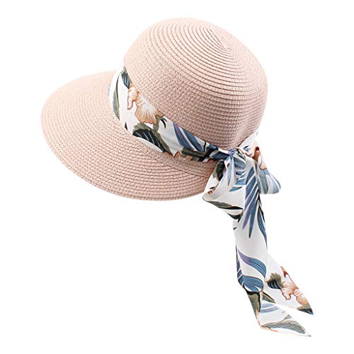 Strohhut mit Schleife Damenhut Sommerhut Sonnenhut Strandhut Damen Frühling-Sommer Sommerhut Sonnenhut Damen Eleganter Strohhut Sommerhut Faltbarer Anti elegant Strandhut mit breiter (Pink, One Size) von Kielsjajd