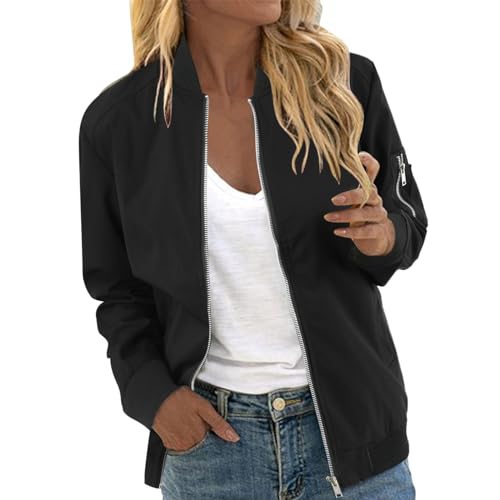 Übergangsjacke Damen Oversized Bomberjacke Casual Pilotenjacke Langarm Outwear Langarm Bomberjacke Reißverschluss Stehkragen Outwear Leichte Pilotenjacke Fliegerjacke Kurz Coat Herbst Frühling von Kielsjajd
