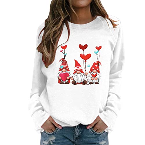 Valentinstag Pullover Damen Klassisch Liebe Muster Valentinstag Sweatshirt Langarmshirt Rundhals Pullover Pulli Shirt Oberteile Frühling Herbst Winter Cute Herz Print Valentine Pullover (1-White, XL) von Kielsjajd