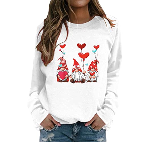 Valentinstag Pullover Damen Klassisch Liebe Muster Valentinstag Sweatshirt Langarmshirt Rundhals Pullover Pulli Shirt Oberteile Frühling Herbst Winter Cute Herz Print Valentine Pullover (1-White, S) von Kielsjajd