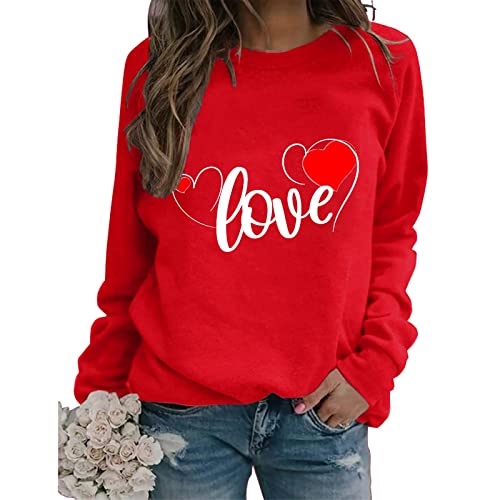 Valentinstag Pullover Damen Klassisch Liebe Muster Valentinstag Sweatshirt Langarmshirt Rundhals Pullover Pulli Shirt Oberteile Frühling Herbst Winter Cute Herz Print Valentine Pullover (2-Red, XXL) von Kielsjajd