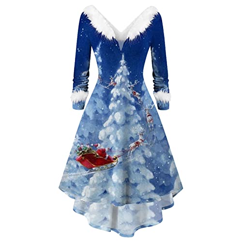 Vintage Weihnachtskleid für Damen - Damen Langarm Rot Weihnachten Party Kleider V-Ausschnitt Weihnachtsmann Kostüm Samt Kleid Weihnachtskleider Weihnachtsfrau Midi Kleid Tunika Elegant (1-Blue, S) von Kielsjajd