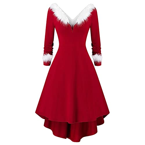 Vintage Weihnachtskleid für Damen - Damen Langarm Rot Weihnachten Party Kleider V-Ausschnitt Weihnachtsmann Kostüm Samt Kleid Weihnachtskleider Weihnachtsfrau Midi Kleid Tunika Elegant (Red, L) von Kielsjajd