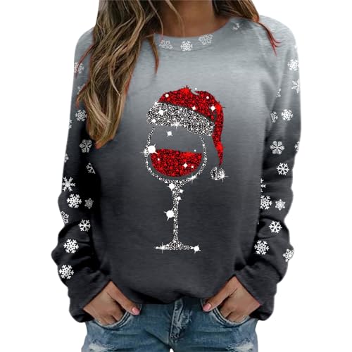 Weihnachtspullover Damen Sweatshirt Rundhals Langarm Rentier Weinglas Weihnachtsmann Druck Langarmshirt Teenager Mädchen Christmas Sweatshirt Weihnachtspulli Oberteile Tops Pullover Shirt (B-001, XL) von Kielsjajd