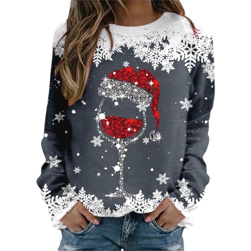 Weihnachtspullover Damen Sweatshirt Rundhals Langarm Rentier Weinglas Weihnachtsmann Druck Langarmshirt Teenager Mädchen Christmas Sweatshirt Weihnachtspulli Oberteile Tops Pullover Shirt Frauen von Kielsjajd