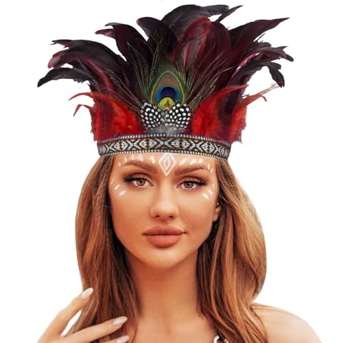 Wunderschöner Feder Kopfschmuck Federschmuck Federkopfschmuck Schmuck Karnevalsschmuck- Aufregendes Damen-Kostüm-Zubehör Federschmuck - für Karneval (Red, One Size) von Kielsjajd