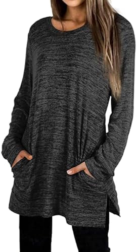 Kiench Damen Langarm Tunika Tops mit Tasche Rundhalsausschnitt Herbst Pullover Shirts, Eisengrau, X-Large von Kiench