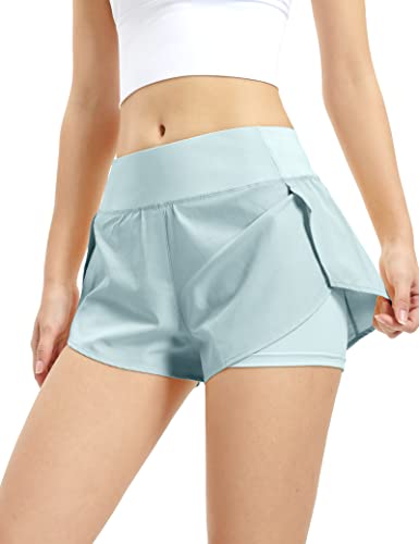 Kiench Damen Sport Shorts Kurz 2 in 1 Laufhose mit Taschen Blau EU Größe 32-34 / XS Etikett S von Kiench