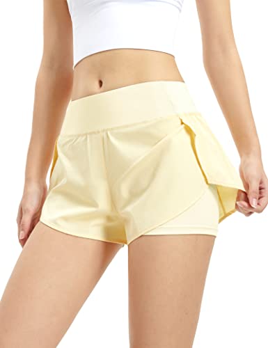 Kiench Damen Sport Shorts Kurz 2 in 1 Laufhose mit Taschen Gelb EU Größe 50 / XXL Etikett 3XL von Kiench