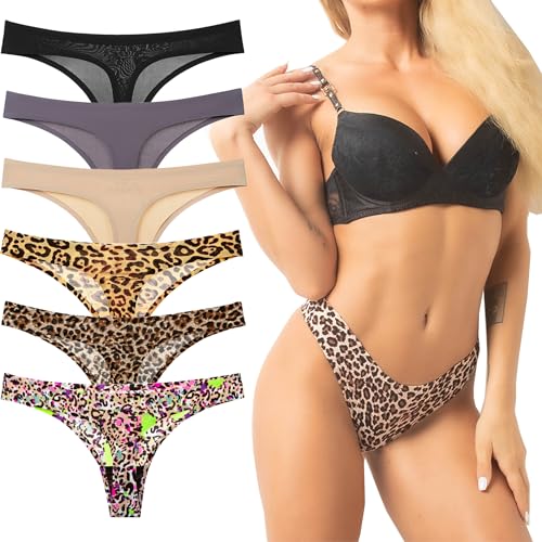 Kiench Damen Strings Tangas Nahtlose Unterwäsche Seamless Slips 6er-Pack Leopard Motiv EU M Größe 40/42 von Kiench