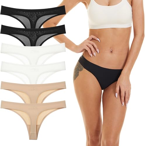 Kiench Damen Strings Tangas Nahtlose Unterwäsche Seamless Slips 6er-Pack Schwarz & Weiß & Hautfarben EU L Größe 44/46 von Kiench