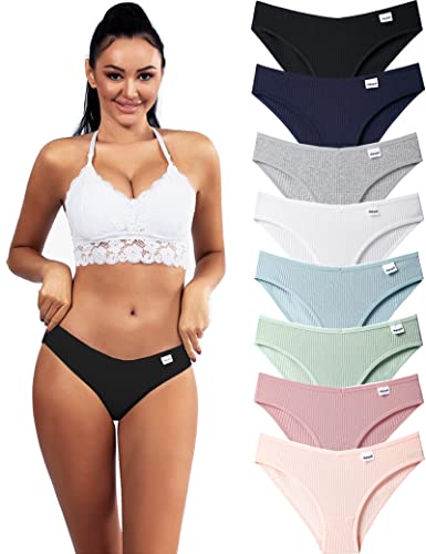 Kiench Damen Unterhosen Baumwolle Bikini Hipster Slips 8er-Pack Kunterbunt (Grün & Rosa & Hautfarben & Blau & Grau & Marineblau & Weiß & Schwarz) EU Größe 36-38 / S von Kiench