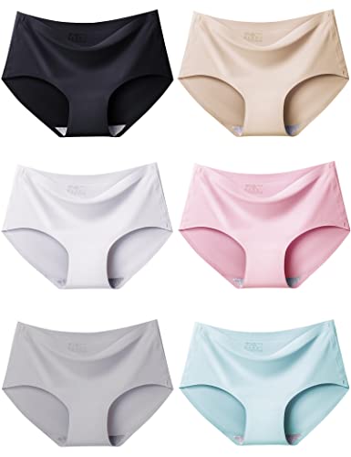 Kiench Damen Unterhosen Nahtlose Unterwäsche Mädchen Hipster Slips 6er-Pack Alltag Unifarben (Blau & Rosa & Grau & Beige & Schwarz & Weiß) EU Größe 146-152/10-12 Jahre von Kiench