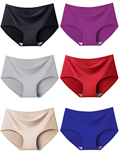 Kiench Damen Unterhosen Nahtlose Unterwäsche Mädchen Hipster Slips 6er-Pack Dunkle Einfärbig (Rot & Klein Blau & Dunkelviolett & Grau & Beige & Schwarz) EU L/Größe 44-46 von Kiench