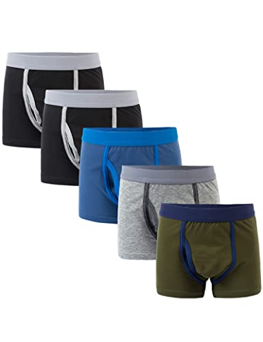 Kiench Jungen Boxershorts Basic Unterhosen Baumwolle mit Eingriff 5er-Pack Basic (Schwarz & Yale Blau & Grau & Olivgrün) EU Größe 134-140/8-9 Jahre Etikett M von Kiench