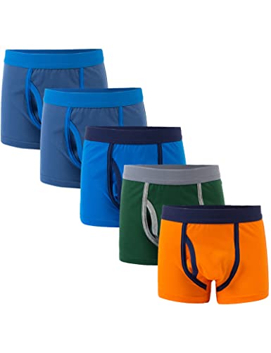 Kiench Jungen Boxershorts Basic Unterhosen Baumwolle mit Eingriff 5er-Pack Ozean (Yale Blau & Blau & Dunkelgrün & Orange) EU Größe 122-128/6-7 Jahre Etikett S von Kiench