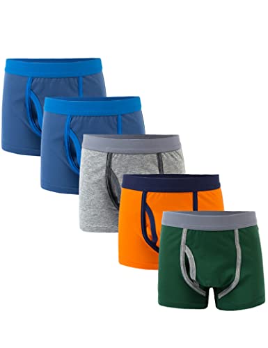 Kiench Jungen Boxershorts Basic Unterhosen Baumwolle mit Eingriff 5er-Pack Sonnenaufgang (Yale Blau & Grau & Orange & Dunkelgrün) EU Größe 122-128/6-7 Jahre Etikett S von Kiench