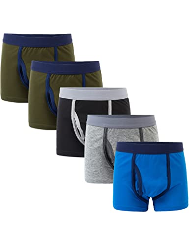 Kiench Jungen Boxershorts Basic Unterhosen Baumwolle mit Eingriff 5er-Pack Wald (Olivgrün & Schwarz & Grau & Blau) EU Größe 134-140/8-9 Jahre Etikett M von Kiench