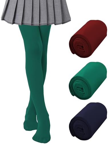 Kiench Kinder Mädchen Strumpfhose Microfaser 80 DEN 3er-Pack Rotwein & Dunkelgrün & Dunkelblau EU XXL/Größe 146-152-158/11-13 Jahre von Kiench