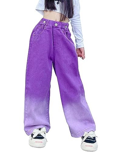 Kiench Mädchen Baggy Jeans Hose Weites Bein Pull-On Pants mit Taschen Lila EU Größe 146/10-11 Jahre Etikett 160 von Kiench