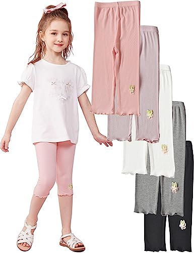 Kiench Mädchen Capri Leggings 3/4 Baumwolle Hosen Rüschen 5er-Pack Schwarz & Weiß & Grau & Rosa & Lila Blumen EU Größe 92-98/2-3 Jahre Etikett 100 von Kiench