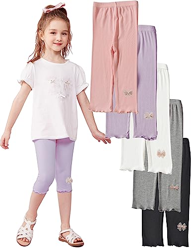 Kiench Mädchen Capri Leggings 3/4 Baumwolle Hosen Rüschen 5er-Pack Schwarz & Weiß & Grau & Rosa & Lila Schleifchen EU Größe 122-128/6-7 Jahre Etikett 130 von Kiench