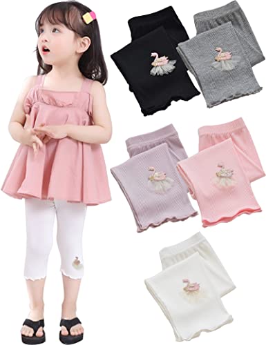 Kiench Mädchen Capri Leggings 3/4 Baumwolle Hosen Rüschen 5er-Pack Schwarz & Weiß & Grau & Rosa & Lila Schwan EU Größe 122-128/6-7 Jahre Etikett 130 von Kiench