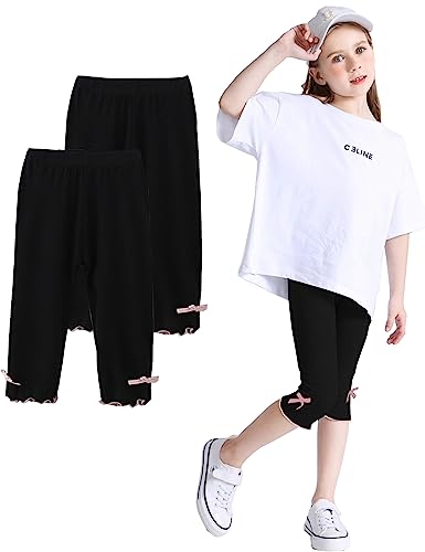 Kiench Mädchen Capri Leggings 3/4 Hosen 2er-Pack Rüschen Schleifchen aus Viskose 2 Schwarz EU Größe 122/5-6 Jahre Etikett 130 von Kiench