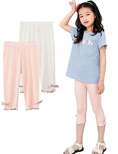 Kiench Mädchen Capri Leggings 3/4 Hosen 2er-Pack Rüschen Schleifchen aus Viskose Rosa & Weiß EU Größe 86-92/18-24 Monate Etikett 100 von Kiench