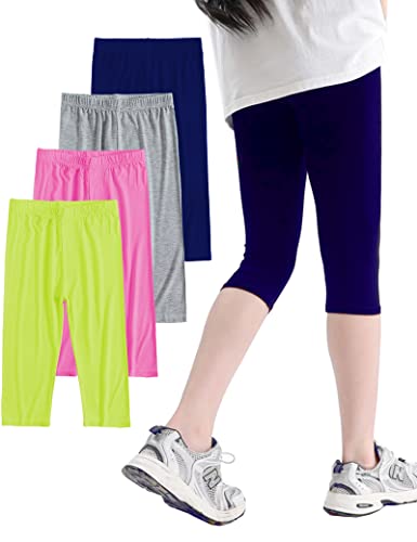 Kiench Mädchen Capri Leggings 3/4 Hosen 4er-Pack Grün & Pink & Grau & Dunkelblau EU Größe 128-134/7-8 Jahre Etikett 140 von Kiench