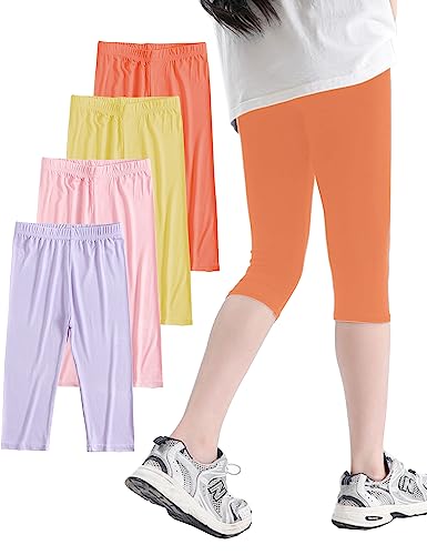 Kiench Mädchen Capri Leggings 3/4 Hosen 4er-Pack Lila & Rosa & Gelb & Orange EU Größe 116-122/5-6 Jahre Etikett 130 von Kiench