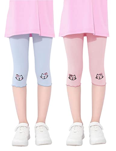 Kiench Mädchen Capri Leggings Baumwolle 3/4 Hosen 2er-Pack Katze Stickerei Rosa + Blau EU Größe 128-134/7-8 Jahre Etikett 140 von Kiench