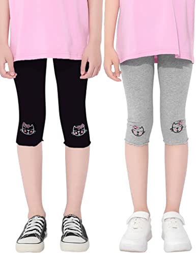 Kiench Mädchen Capri Leggings Baumwolle 3/4 Hosen 2er-Pack Katze Stickerei Schwarz + Grau EU Größe 98-104/3-4 Jahre Etikett 110 von Kiench