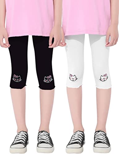 Kiench Mädchen Capri Leggings Baumwolle 3/4 Hosen 2er-Pack Katze Stickerei Schwarz + Weiß EU Größe 110-116/4-5 Jahre Etikett 120 von Kiench