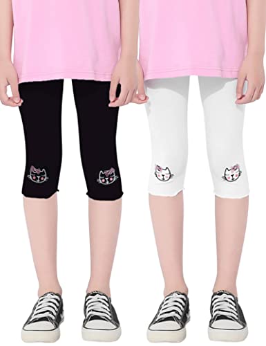 Kiench Mädchen Capri Leggings Baumwolle 3/4 Hosen 2er-Pack Katze Stickerei Schwarz + Weiß EU Größe 98-104/3-4 Jahre Etikett 110 von Kiench