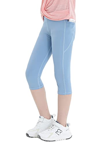 Kiench Mädchen Capri Leggings Sport Kurz 3/4 Yoga Hosen mit Taschen Blau EU Größe 134-140/7-8 Jahre Etikett 140 von Kiench