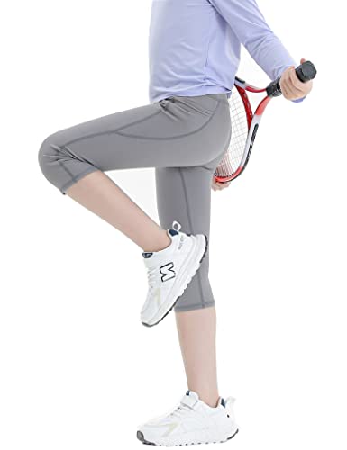 Kiench Mädchen Capri Leggings Sport Kurz 3/4 Yoga Hosen mit Taschen Grau EU Größe 152/9-10 Jahre Etikett 160 von Kiench