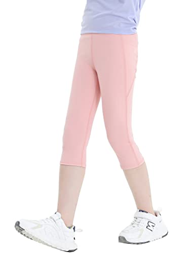 Kiench Mädchen Capri Leggings Sport Kurz 3/4 Yoga Hosen mit Taschen Rosa EU Größe 134-140/7-8 Jahre Etikett 140 von Kiench